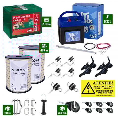 Gard electric pentru Cai, Câini, Capre, Vaci, Porci - Pachet gard electric NEXON PitiShock 0.32J, banda 400m + Baterie 9V + accesorii