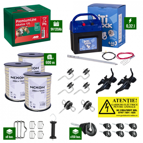 Gard electric pentru Cai, Câini, Capre, Vaci, Porci - Pachet gard electric NEXON PitiShock 0.32J, banda 600m + Baterie 9V + accesorii