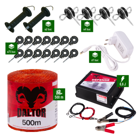 Gard Electric pentru Vaci și Oi - Pachet gard electric 6,6J DALTOR cu 500 m fir, sistem poartă, izolatori, alimentare de la priză și acumulator 12V
