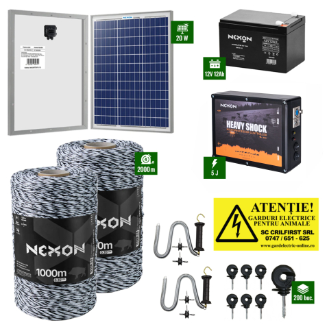 Pachet NEXON HeavyShock Generația6 cu putere de 5J + Fir Alb-Negru 2000m 120Kg + Panou 30W cu regulator + Acumulator 12Ah Gard Electric pentru Bovine, Oi, Mistreti - Pachet NEXON HeavyShock Generația6 cu putere de 5J + Fir Alb-Negru 2000m 120Kg + Panou 30W cu regulator + Acumulator 12Ah