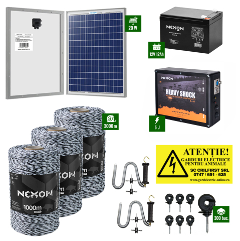 Pachet NEXON HeavyShock Generația6 cu putere de 5J + Fir Alb-Negru 3000m 120Kg + Panou 30W cu regulator + Acumulator 12Ah Gard electric pentru Cai, Câini, Capre, Vaci, Porci - Pachet NEXON HeavyShock Generația6 cu putere de 5J + Fir Alb-Negru 3000m 120Kg + Panou 30W cu regulator + Acumulator 12Ah