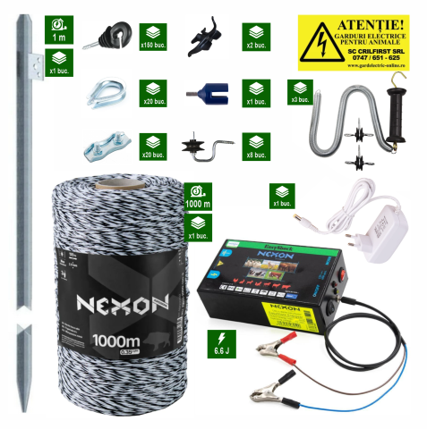 Pachete Gard electric - Sistem complet de gard electric NEXON EasyShock 6,6J - Alimentare la 230V și 12V cu 1000m de fir și rezistență la rupere 120Kg