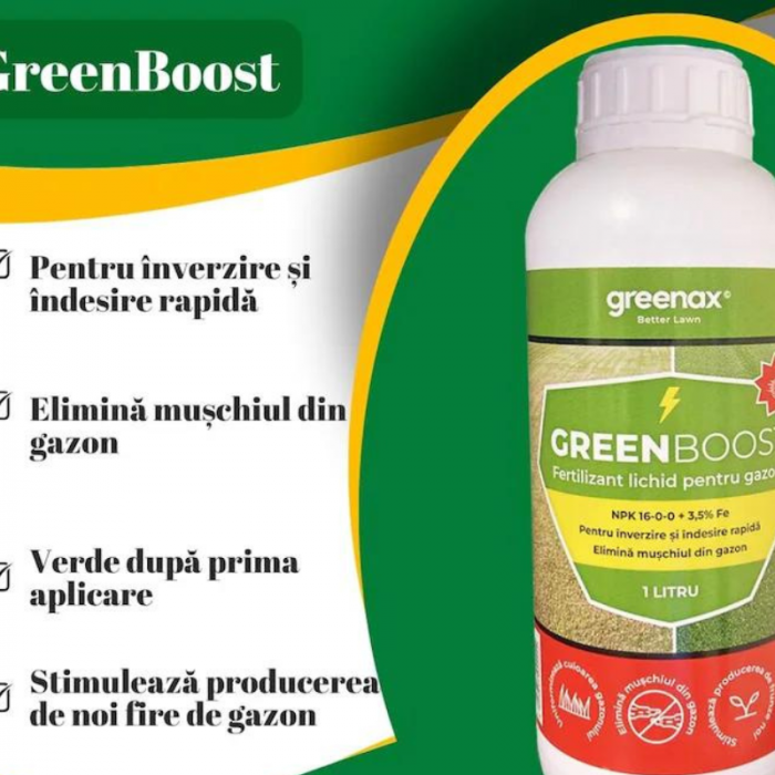 Îngrășământ foliar GREENBOOST, NPK 16-0-0+3.5% Fier, pentru înverzire rapidă și eliminare mușchi 1 l [3]