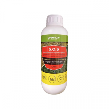 Soluții pentru gazon - Îngrășământ foliar S.O.S, NPK 14-8-10 + microelemente, pentru salvarea peluzelor în stare precară 1 l