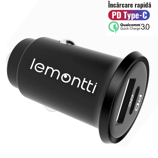 Lemontti Incarcator Auto Fast Charge 30W 5A 2 porturi PD Type C + USB-A QC 3.0, Negru [1]
