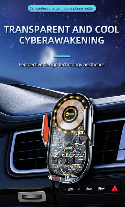 Lemontti Suport Auto cu încărcare Wireless, 15W, deschidere automată prin senzor infraroșu, prindere la ventilație, cablu Type-C inclus, Transparent Negru. [5]