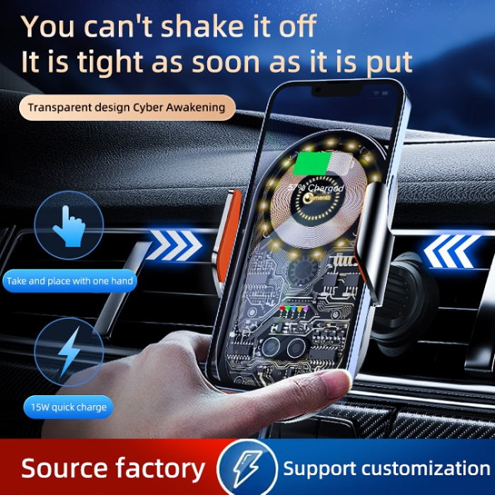 Lemontti Suport Auto cu încărcare Wireless, 15W, deschidere automată prin senzor infraroșu, prindere la ventilație, cablu Type-C inclus, Transparent Negru. [8]