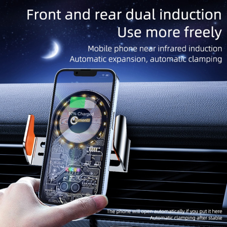 Lemontti Suport Auto cu încărcare Wireless, 15W, deschidere automată prin senzor infraroșu, prindere la ventilație, cablu Type-C inclus, Transparent Negru. [6]