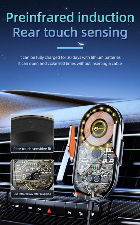 Lemontti Suport Auto cu încărcare Wireless, 15W, deschidere automată prin senzor infraroșu, prindere la ventilație, cablu Type-C inclus, Transparent Negru. [5]