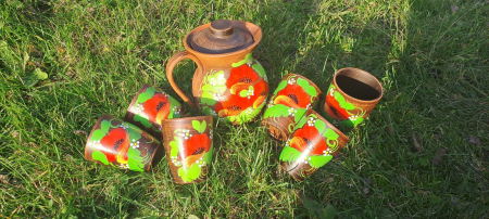 Cadouri - Set cadou din lut pictat manual – carafă 1L și 6 căni 300 ml – Artizanat tradițional