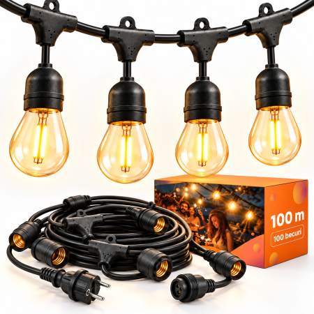 Ghirlanda Led, 100 Metri cu 100 Becuri Led Filament 1W incluse E27, IP65