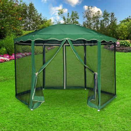 Pavilioane - Pavilion de gradina hexagonal cu plase de protectie intr-o curte