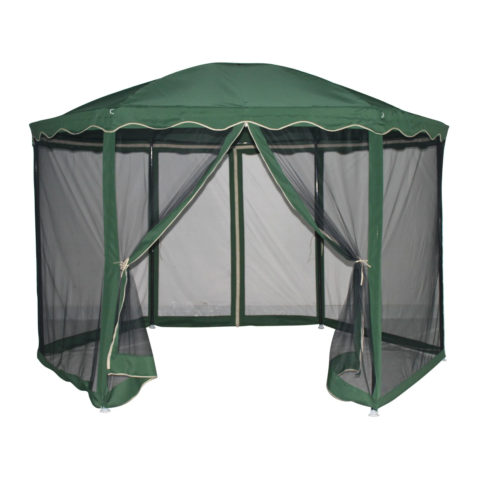 Pavilion de gradina hexagonal cu plase de protectie intr-o curte [1]