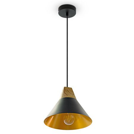 Iluminat Led - PENDUL TAVAN DIN METAL SI LEMN SOCLU E27 - NEGRU/CUPRU