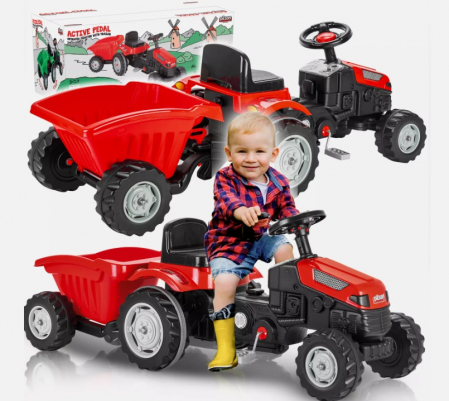 Masinute cu Pedale - Tractor cu pedale si remorca pentru copii, +3 ani, rosu