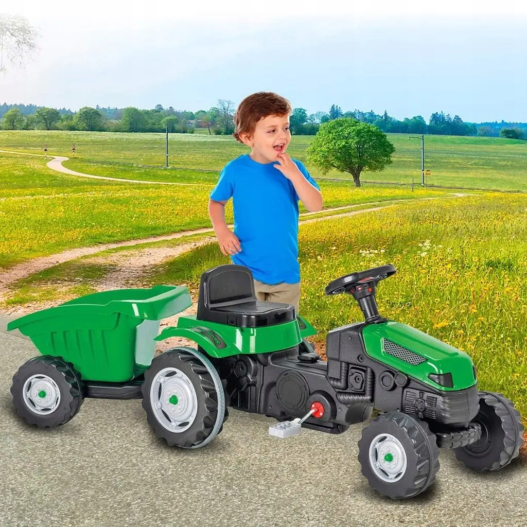 Masinute cu Pedale - Tractor cu pedale si remorca pentru copii, +3 ani, verde