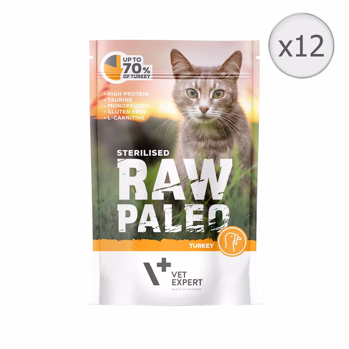 Pisici - Hrana umeda pentru pisici Raw Paleo, Sterilized, Curcan, 12 x 100 g