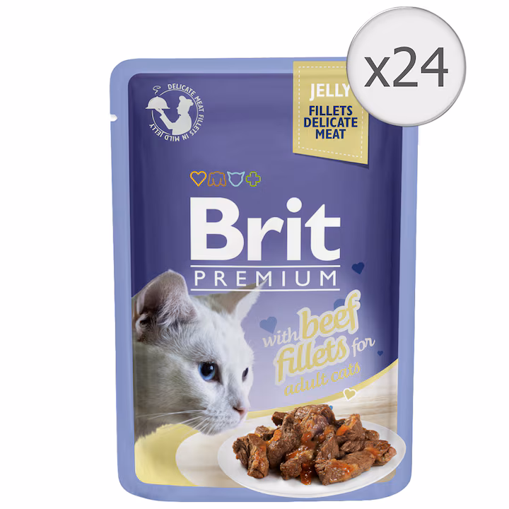 Hrană pentru pisici - Hrana umeda pentru pisici Brit Premium Delicate, Vita in Aspic, 24x85g