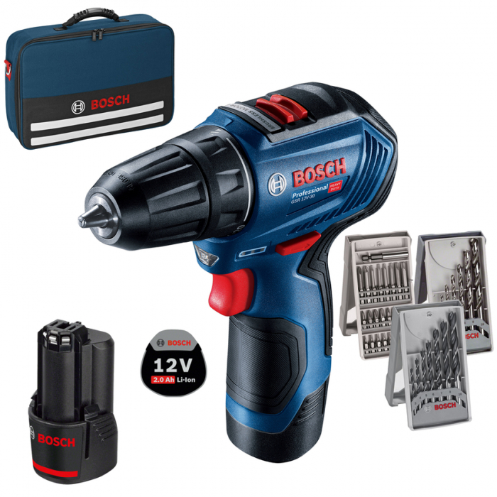 Bosch GSR 12V-30 Masina de gaurit si insurubat brushless cu 2 acumulatori Li-Ion, 2Ah, 30Nm + Accesorii