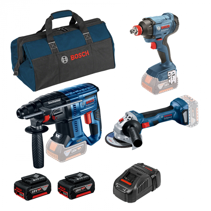 Bosch Kit 3 scule 18V: Ciocan rotopercutor GBH 180-LI + Polizor unghiular GWS 180-LI + Masina de gaurit cu percutie GDX 180-LI + 2 x acumulatori Li-Ion, 5 Ah + incarcator rapid GAL 1880 CV + Geanta te