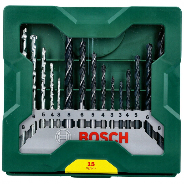 Bosch Set Mixt X-Line 15 burghie, D 3-8mm, lemn, piatra, metal