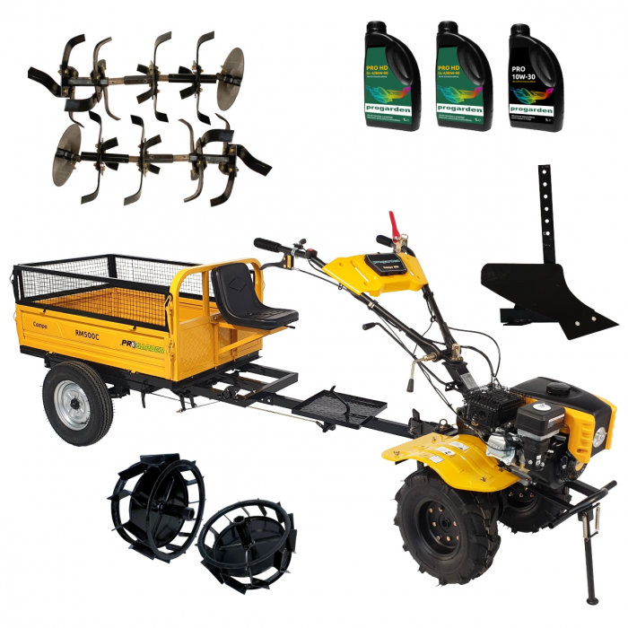 ProGARDEN Pachet motocultor Campo 803, benzina, 7.5CP, 2+1 trepte, 2+1+1 freze, remorca 500kg, obloane, accesorii PS1, ulei motor si transmisie incluse