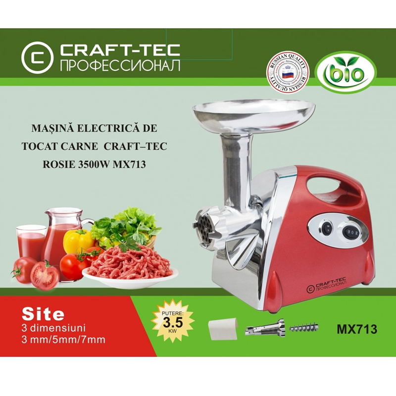 Masina electrica de tocat carne Craft Tec, 3500 W, inox, accesorii rosii, carnati, chiftele [2]