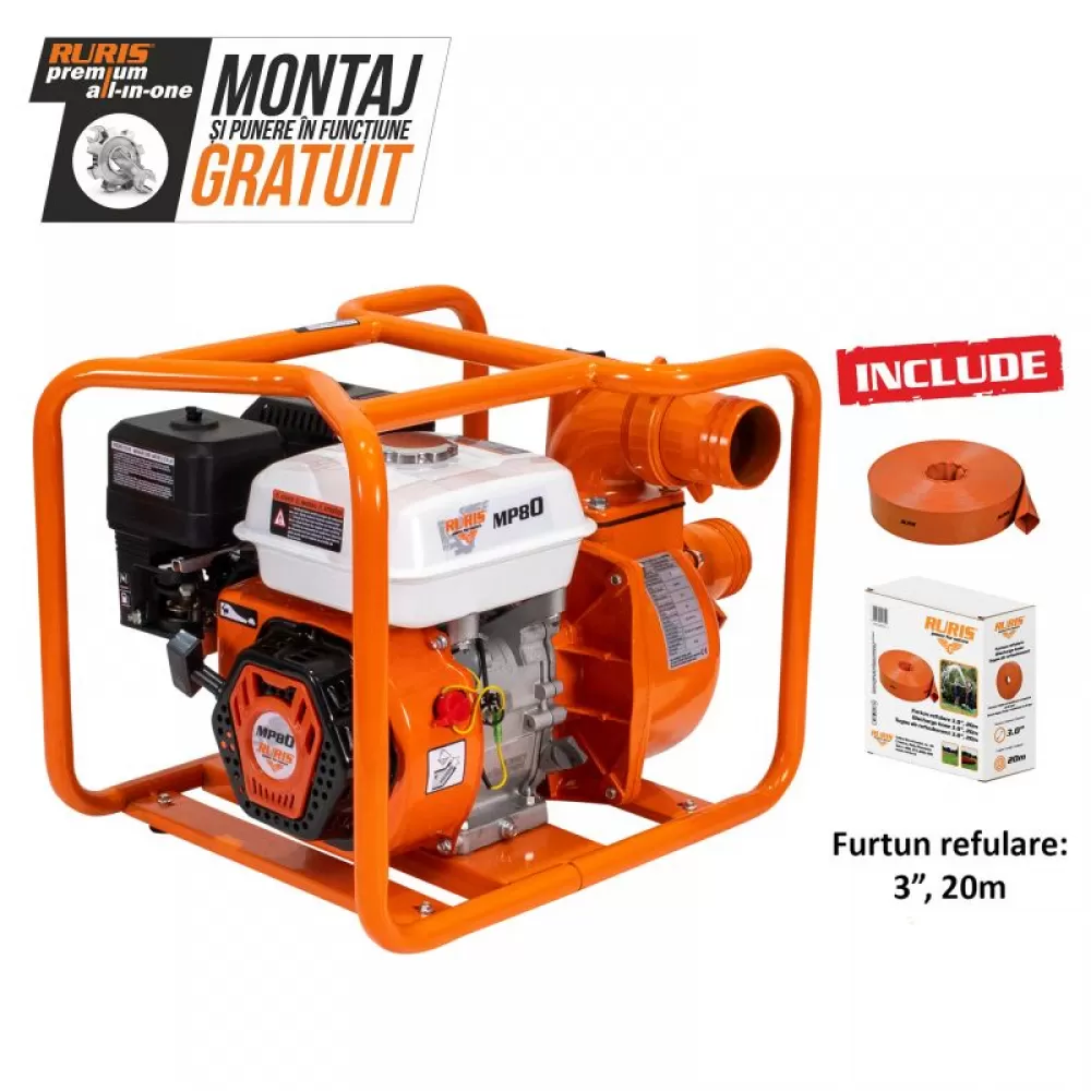 Motopompe - Motopompa apa curata Ruris MP80, 7 CP, 212 CC, 48 m³/h debit apa, 3" diametru racord, 250 m refulare pe orizontala, 8 m adancime absorbtie, 3.6 l, benzina