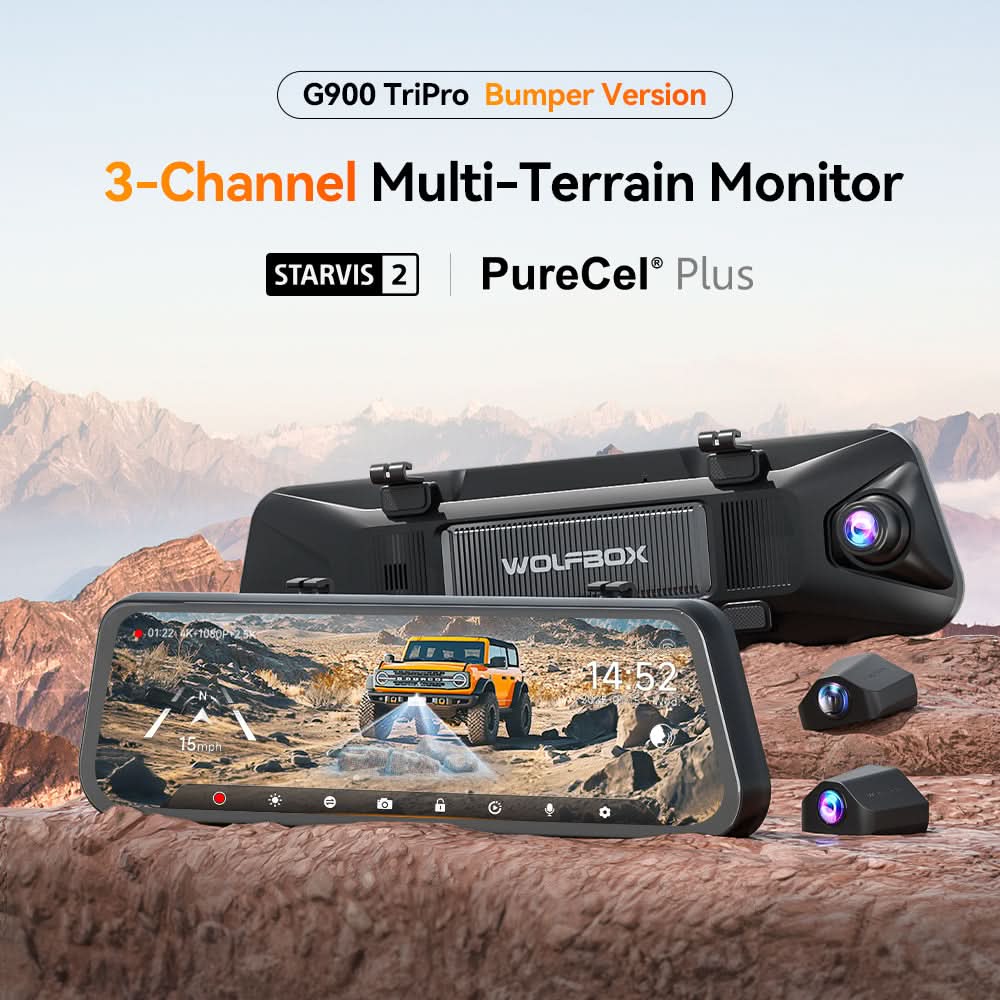 Camera auto WOLFBOX G900TriPro Bumper, 3 camere, 4K + 2.5K + Full HD, Wi-Fi si GPS, ecran tactil de 12″ [3]