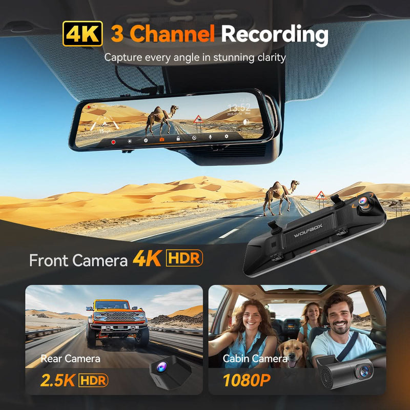 Camera auto tip oglinda WOLFBOX G900TriPro Cabin, 3 camere, 4K + 2.5K + Full HD, Wi-Fi si GPS, ecran tactil de 12″ [5]