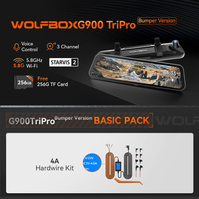 Camera auto WOLFBOX G900TriPro Bumper, 3 camere, 4K + 2.5K + Full HD, Wi-Fi si GPS, ecran tactil de 12″ [12]