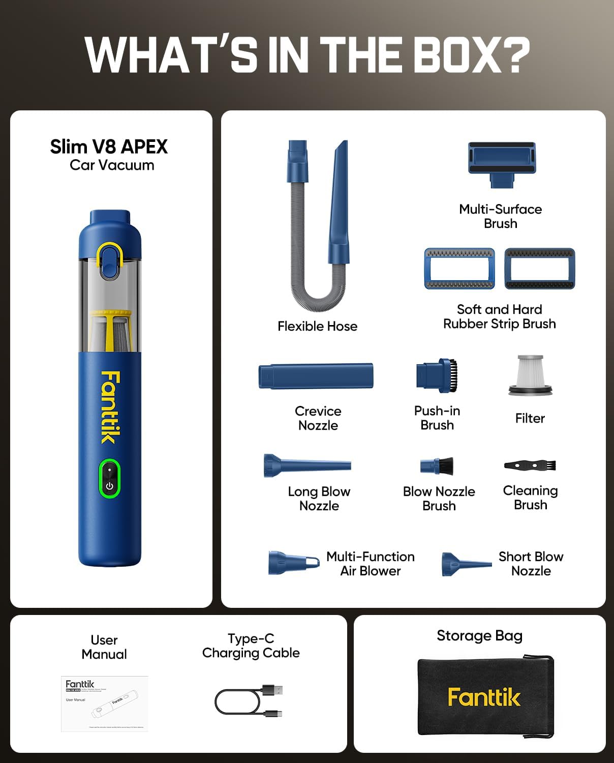 Aspirator auto portabil Fanttik Slim V8 Apex, 19.000 Pa, 4 in 1, autonomie de pana la 40 min, incarcare USB-C, albastru [7]