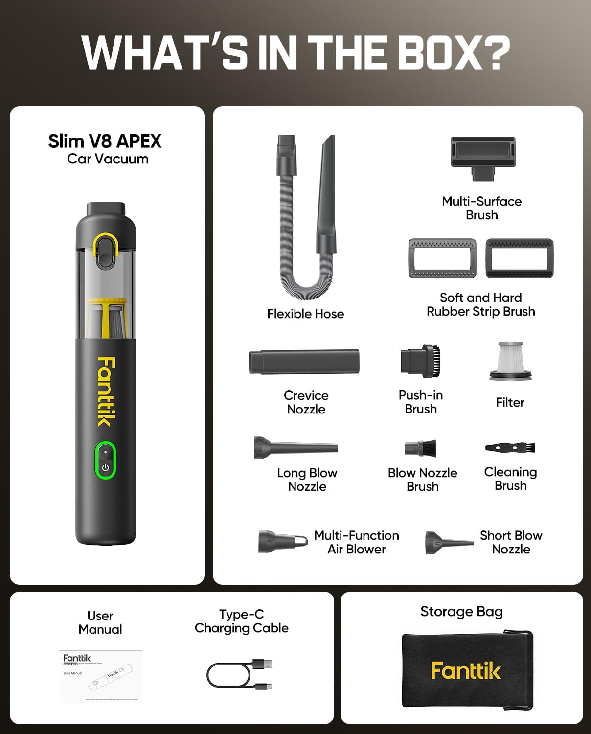 Aspirator auto portabil Fanttik Slim V8 Apex, 19.000 Pa, 4 in 1, autonomie de pana la 40 min, incarcare USB-C, negru [7]