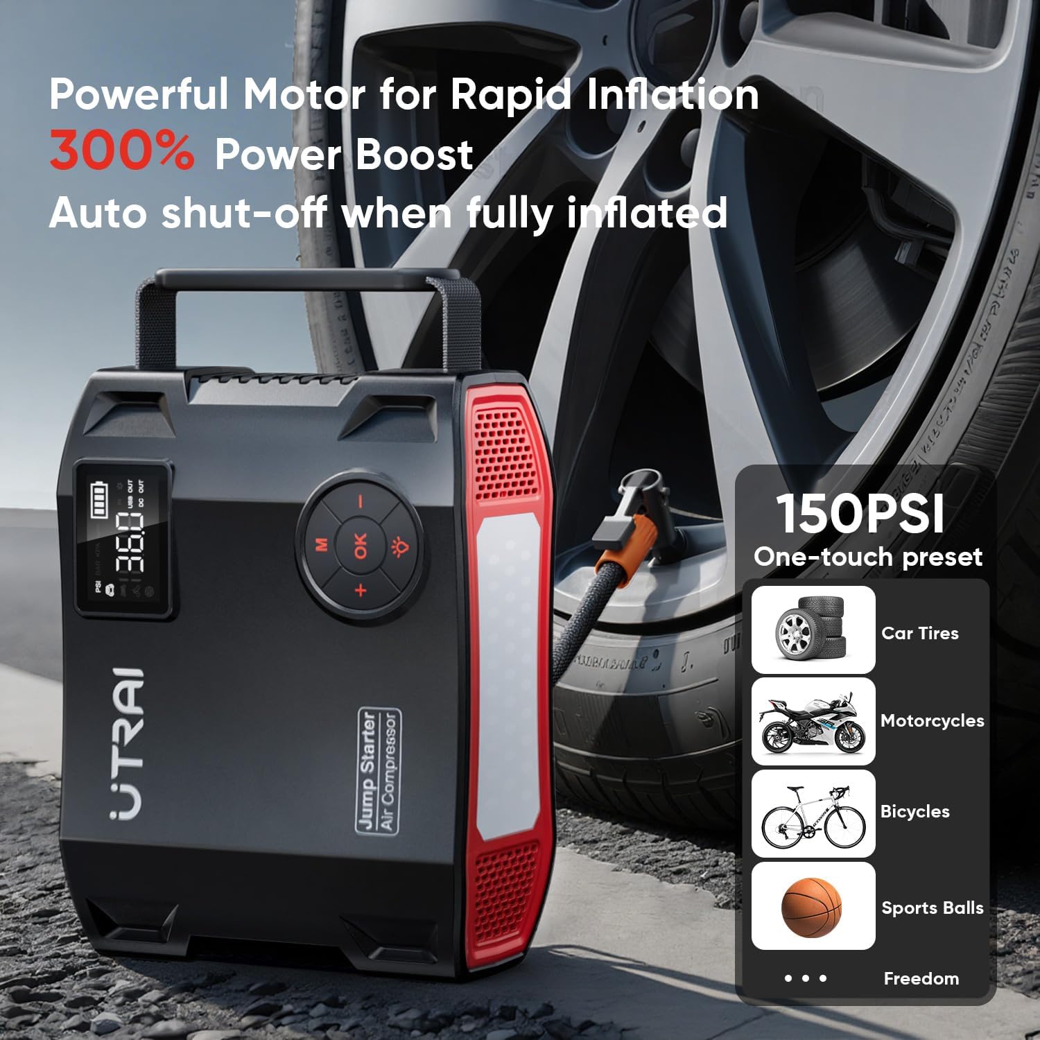 Booster auto UTRAI 27.000 mAh cu compresor de aer, powerbank cu incarcare rapida 18 W si lanterna LED de 1.600 lm [2]