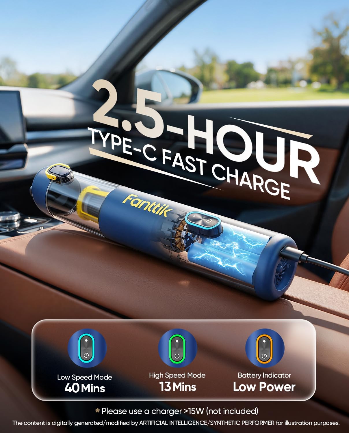 Aspirator auto portabil Fanttik Slim V8 Apex, 19.000 Pa, 4 in 1, autonomie de pana la 40 min, incarcare USB-C, albastru [3]