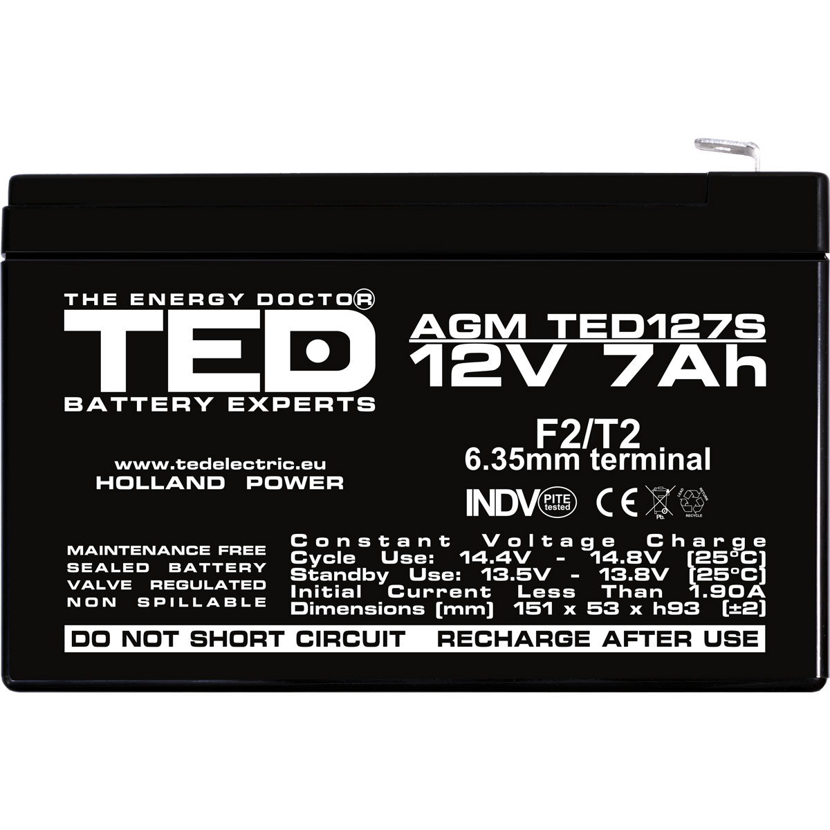 Acumulator 12V Stationar VRLA, Dimensiuni 149 x 49 x 95 mm, Baterie 12V 7Ah F2, TED Electric TED003195 [2]