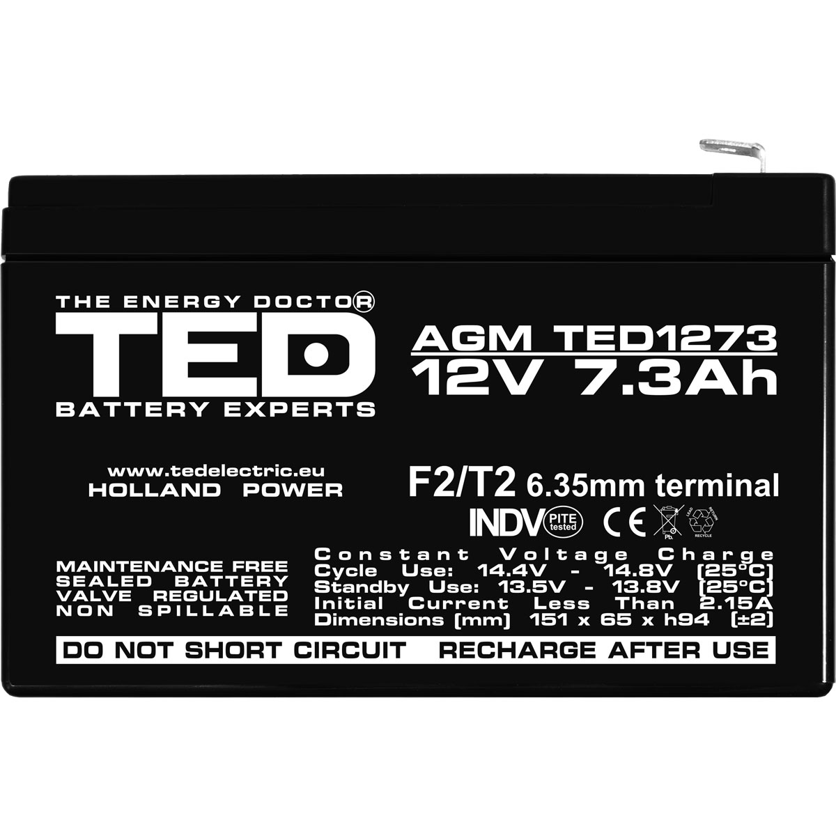 Acumulator 12V Stationar VRLA, Dimensiuni 151 x 65 x 95 mm, Baterie 12V 7.3Ah F2, TED Electric TED003249 [2]