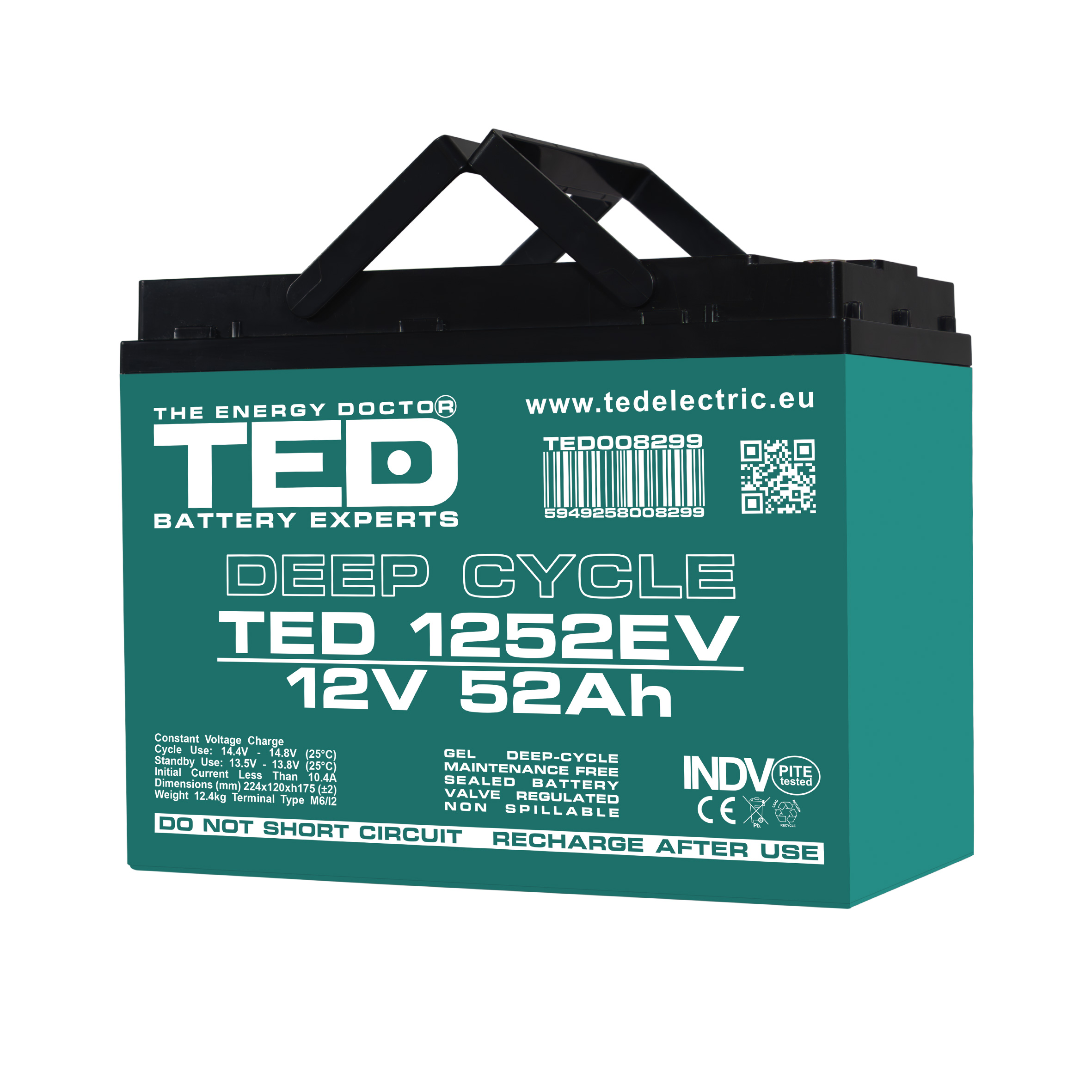 Acumulatori AGM - Acumulator AGM VRLA 12V 52Ah Deep Cycle Dimensiuni 224 x 120 x 175 mm Pentru Vehicule Electrice M6 - TED008299