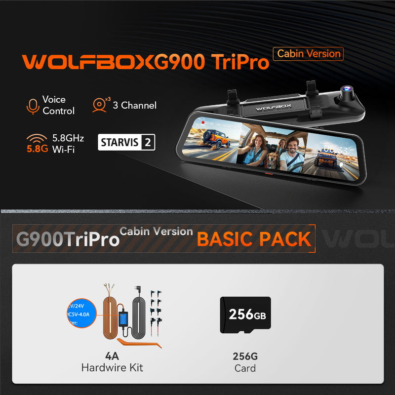 Camera auto tip oglinda WOLFBOX G900TriPro Cabin, 3 camere, 4K + 2.5K + Full HD, Wi-Fi si GPS, ecran tactil de 12″ [12]