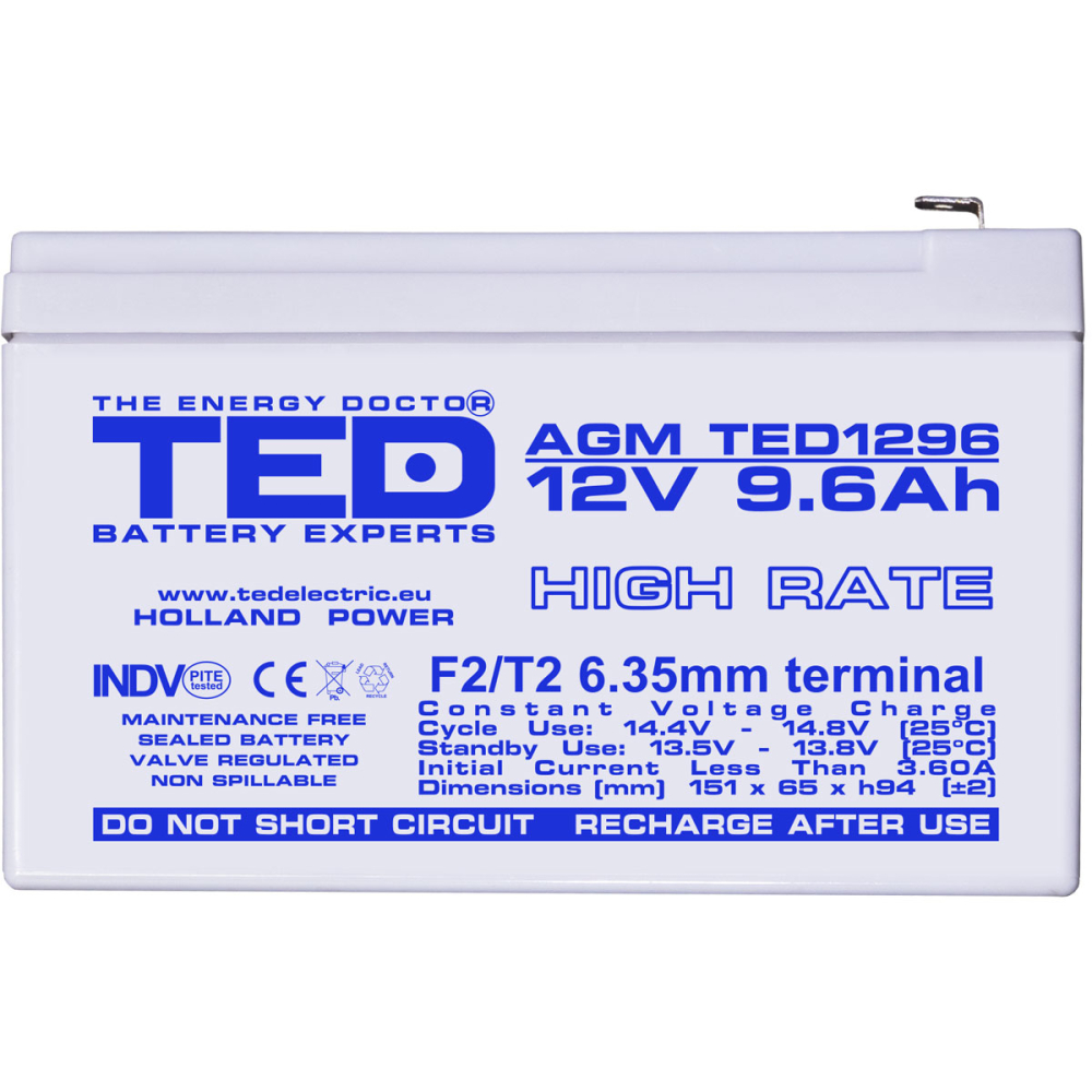 Acumulator 12V High Rate, Dimensiuni 151 x 65 x 95 mm, Baterie 12V 9.6Ah F2, TED Electric TED003324 [3]