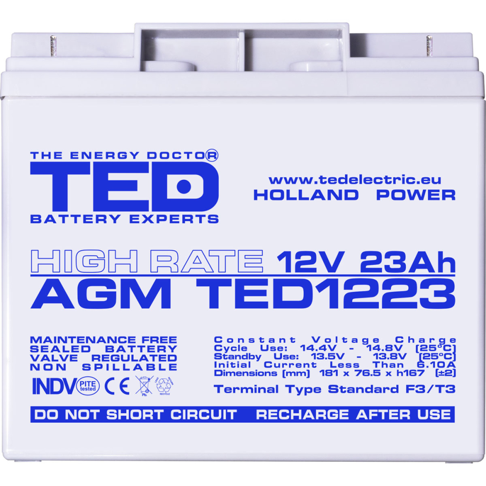 Acumulator 12V High Rate, Dimensiuni 181 x 76 x 167 mm, Baterie 12V 23Ah F3, TED Electric TED003348 [3]