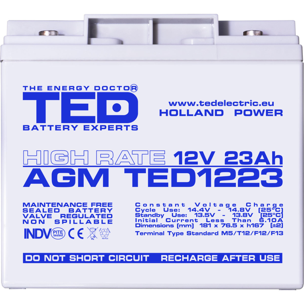 Acumulator 12V High Rate, Dimensiuni 181 x 76 x 167 mm, Baterie 12V 23Ah M5, TED Electric TED003362 [3]