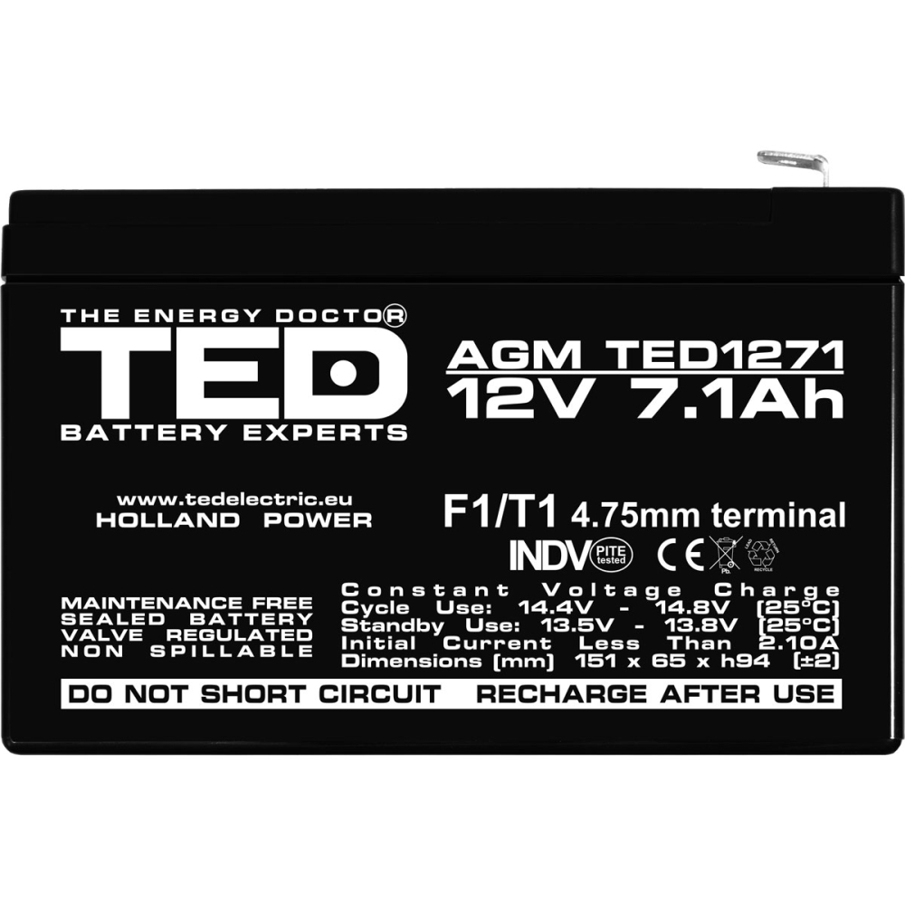 Acumulator 12V Stationar VRLA, Dimensiuni 151 x 65 x 95 mm, Baterie 12V 7.1Ah F1, TED Electric TED003416 [3]