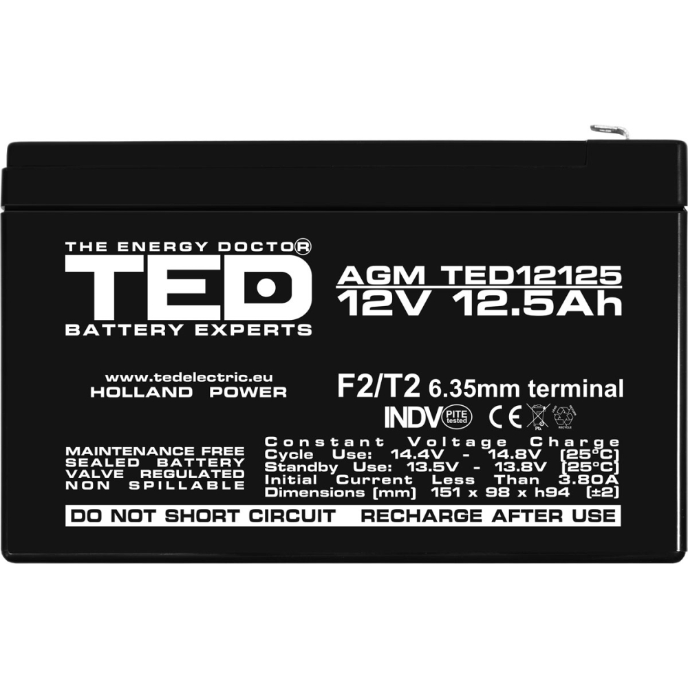 Acumulator 12V Stationar VRLA, Dimensiuni 151 x 98 x 95 mm, Baterie 12V 12.5Ah F2, TED Electric TED002754 [3]