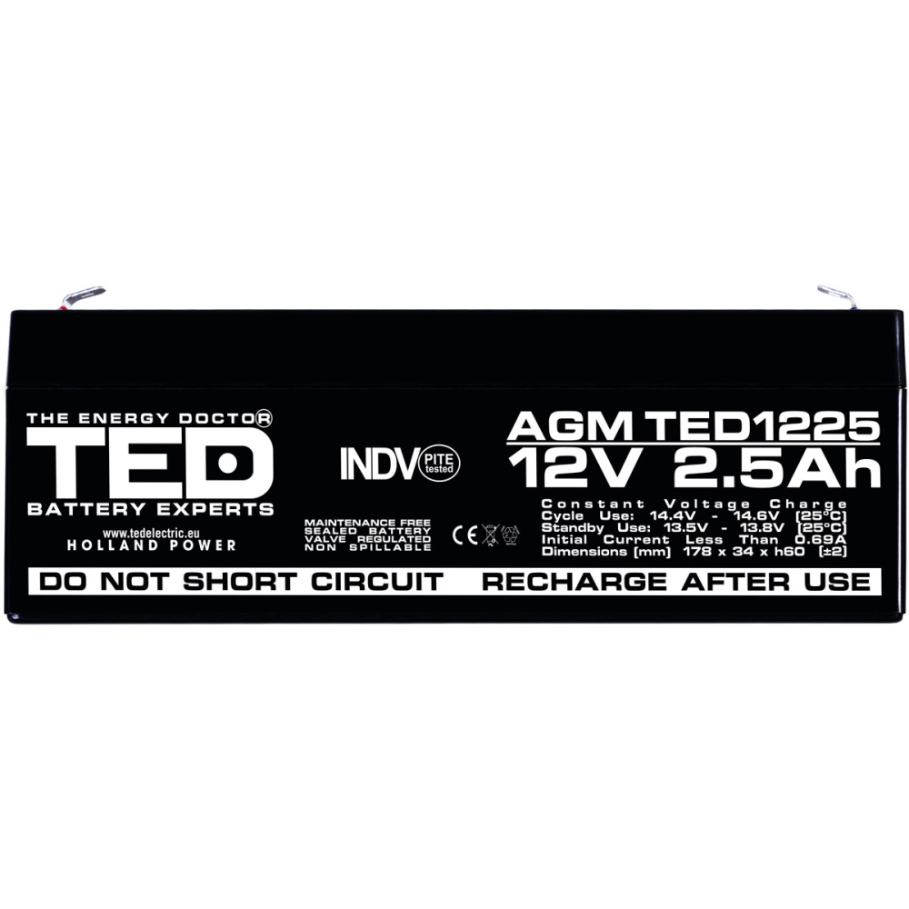 Acumulator 12V Stationar VRLA, Dimensiuni 178 x 34 x 60 mm, Baterie 12V 2.5Ah F1, TED Electric TED003096 [3]