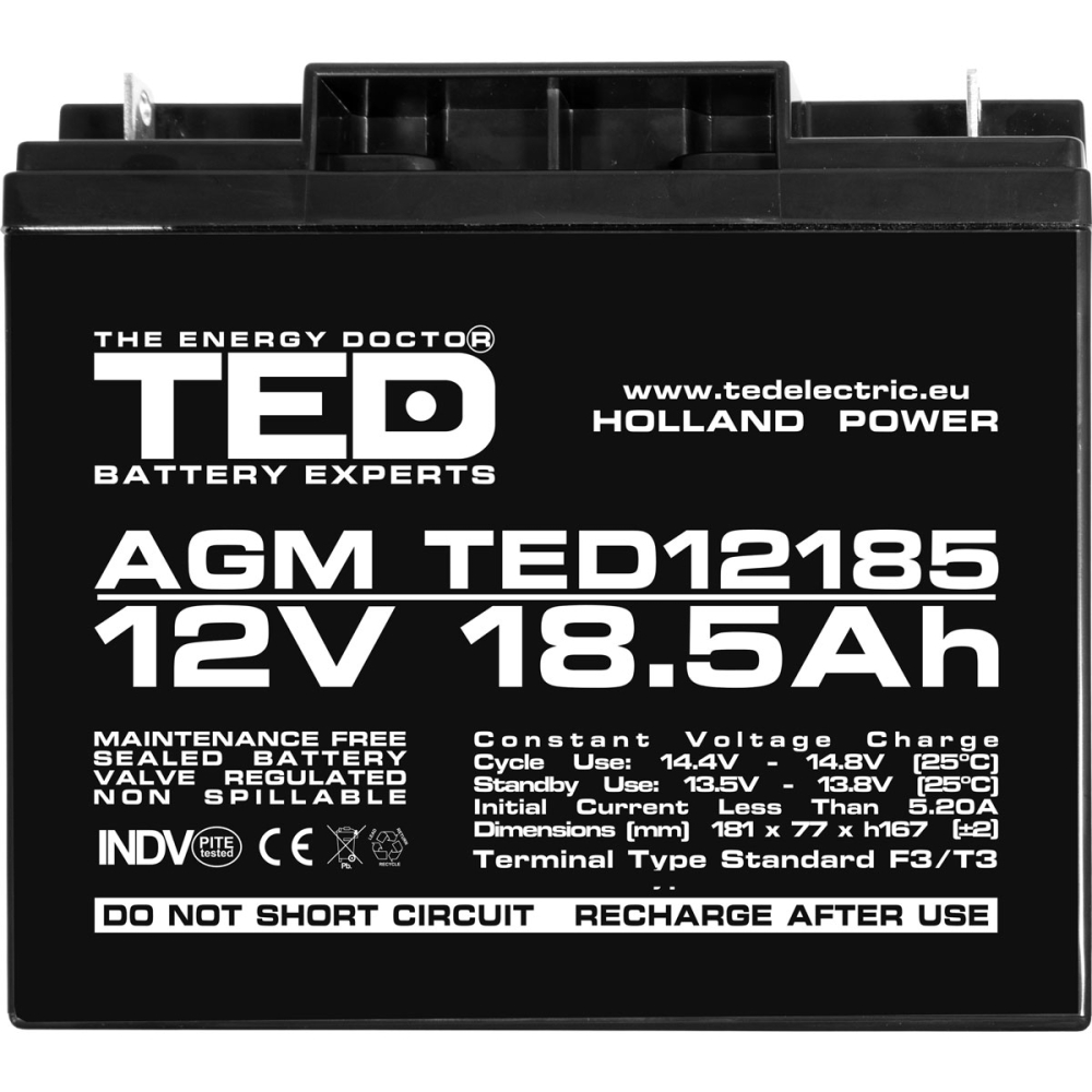 Acumulator 12V Stationar VRLA, Dimensiuni 181 x 76 x 167 mm, Baterie 12V 18.5Ah F3, TED Electric TED002778 [3]