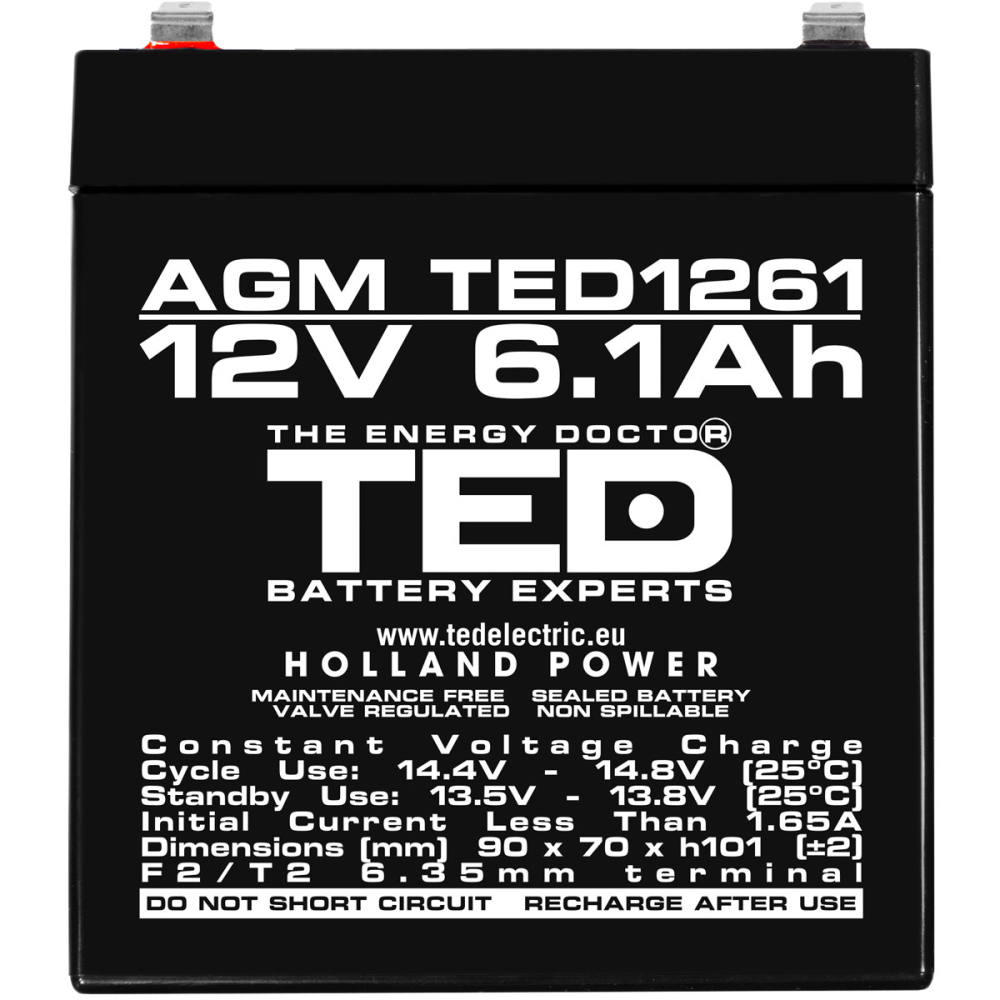 Acumulator 12V Stationar VRLA, Dimensiuni 90 x 70 x 98 mm, Baterie 12V 6.1Ah F2, TED Electric TED003171 [3]