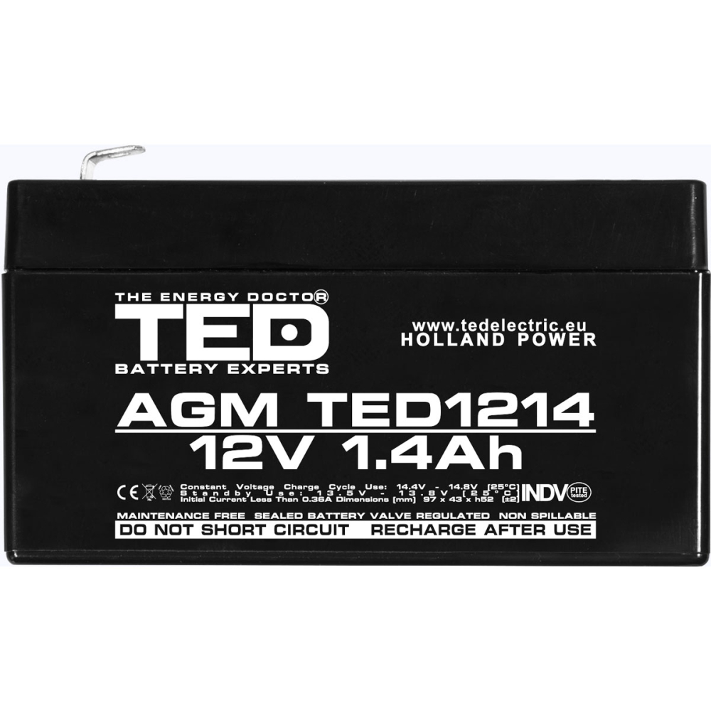 Acumulator 12V Stationar VRLA, Dimensiuni 97 x 47 x 50 mm, Baterie 12V 1.4Ah F1, TED Electric TED002716 [3]