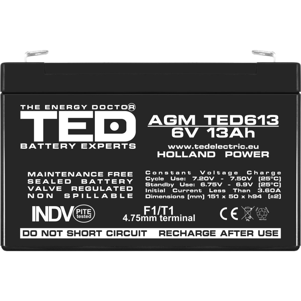 Acumulator 6V Stationar VRLA, Dimensiuni 151 x 50 x 95 mm, Baterie 6V 13Ah F1, TED Electric TED003010 [3]