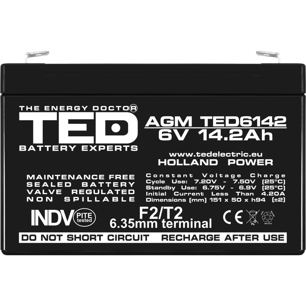 Acumulator 6V Stationar VRLA, Dimensiuni 151 x 50 x 95 mm, Baterie 6V 14.2Ah F2, TED Electric TED003034 [3]